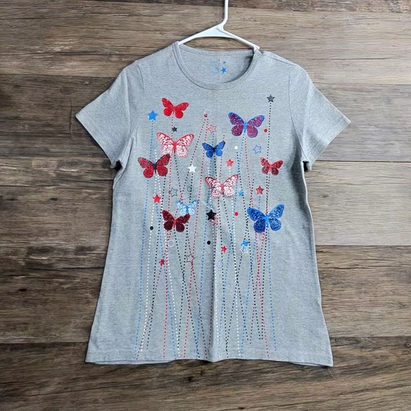 Tops - Women's Gray Red White Blue Butterfly Print Tee
